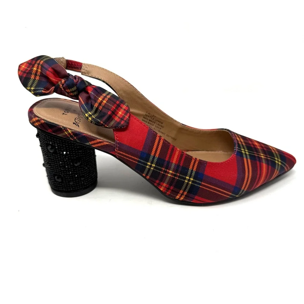 Betsey Johnson Torrid Red Plaid Slingback Block Heels Rhinestone Bow Pumps 8W‎